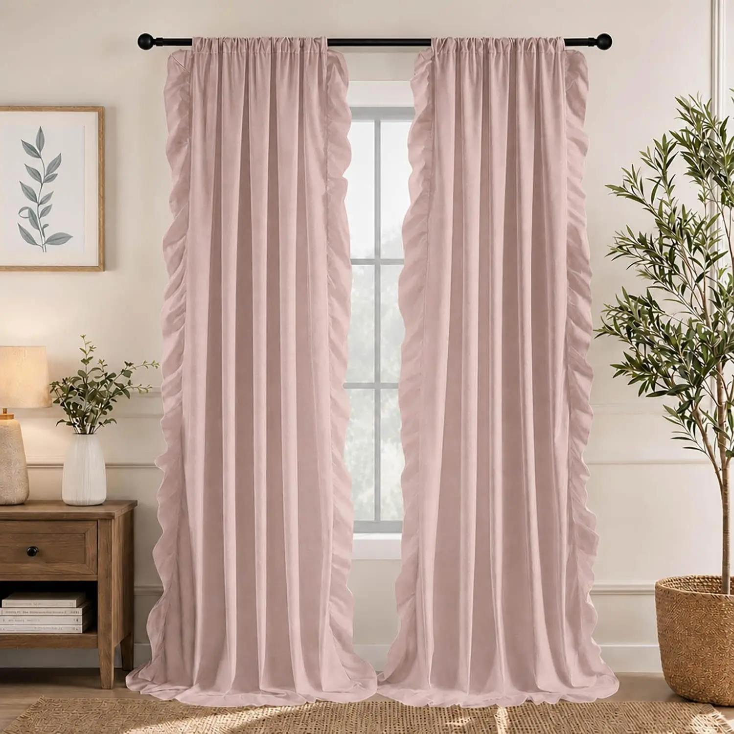Ruffle Curtains 84 Inches Long for Bedroom Living Room,Farmhouse Pink Ruffle Curtains for Girls Nursery Room Light Filtering Victorian Gothic Drapes Rod French Flowy Window