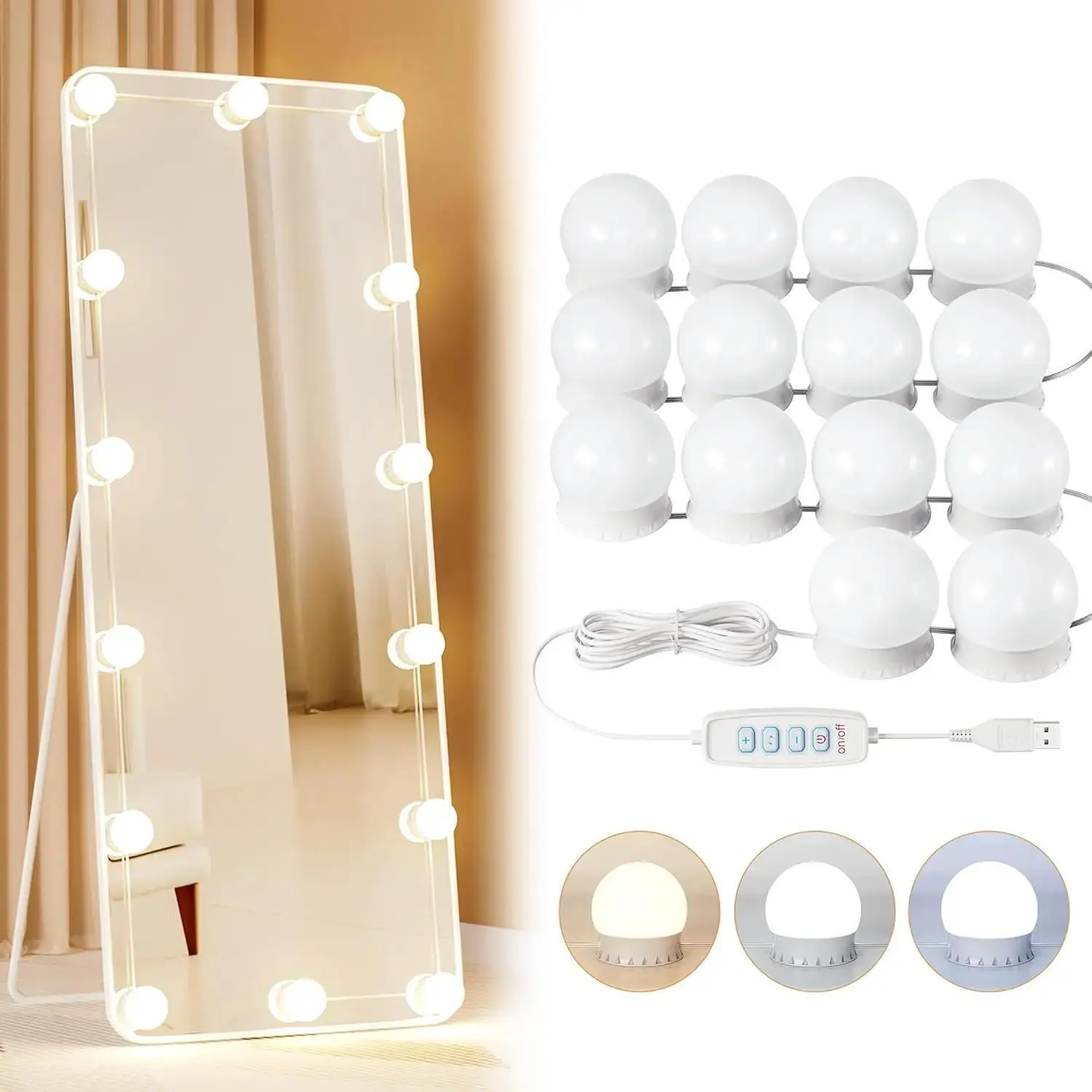 14 Bulbs LED Vanity Lights for Mirror, 3000K 4000K 6500K & 10-Brightness, Wire Length Adjustable, USB Cable, Hollywood Mirror Lights for Makeup Dressing Room Bathroom, White