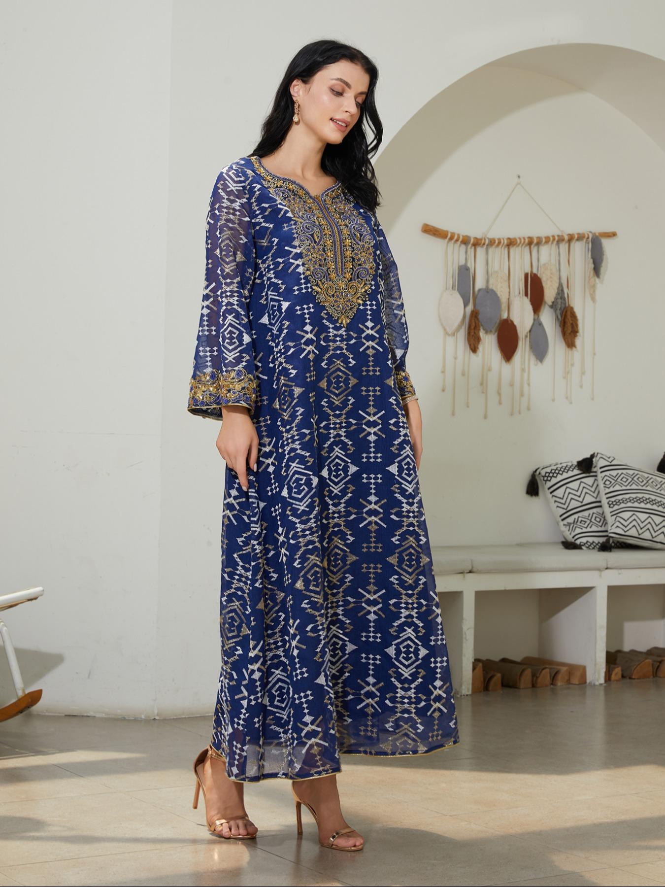 Traditional Style Embroidered Woven Kaftan Dress for Women, Long Sleeve Maxi Dress, Elegant Chic Middle Eastern Fashion, Perfect for Special Occasions, Casual Wear Traditional Style Embroidered Woven Kaftan Dress for Women, Long Sleeve Maxi Dress, Elegant Chic Middle Eastern Fashion, Perfect for Special Occasions, Casual Wear