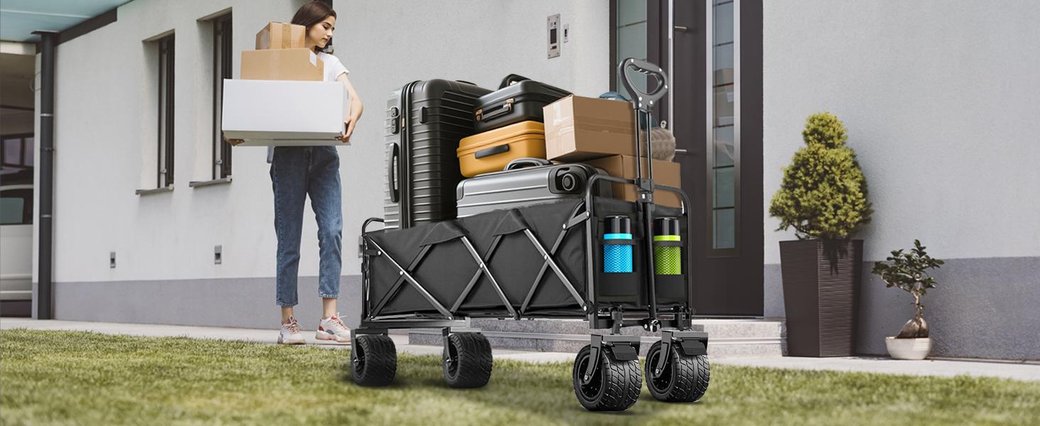 350L Large Capacity Foldable Wagon with Brakes, 560lbs Heavy Duty Collapsible Wagon Cart with Push Handle All-Terrain Big Wheels for Camping, Sports, Shopping, Beach