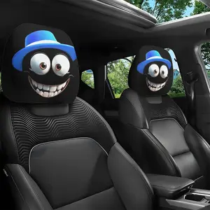 2pcs of Classic Cartoon Blue Hat Face Themed Car Headrest Covers - Featuring a Cute Design, Car Interior Cushions, Lumbar Support Pillows, And Car Accessories, Suitable for All Seasons, Making Them Perfect Surprise Gifts for Halloween An