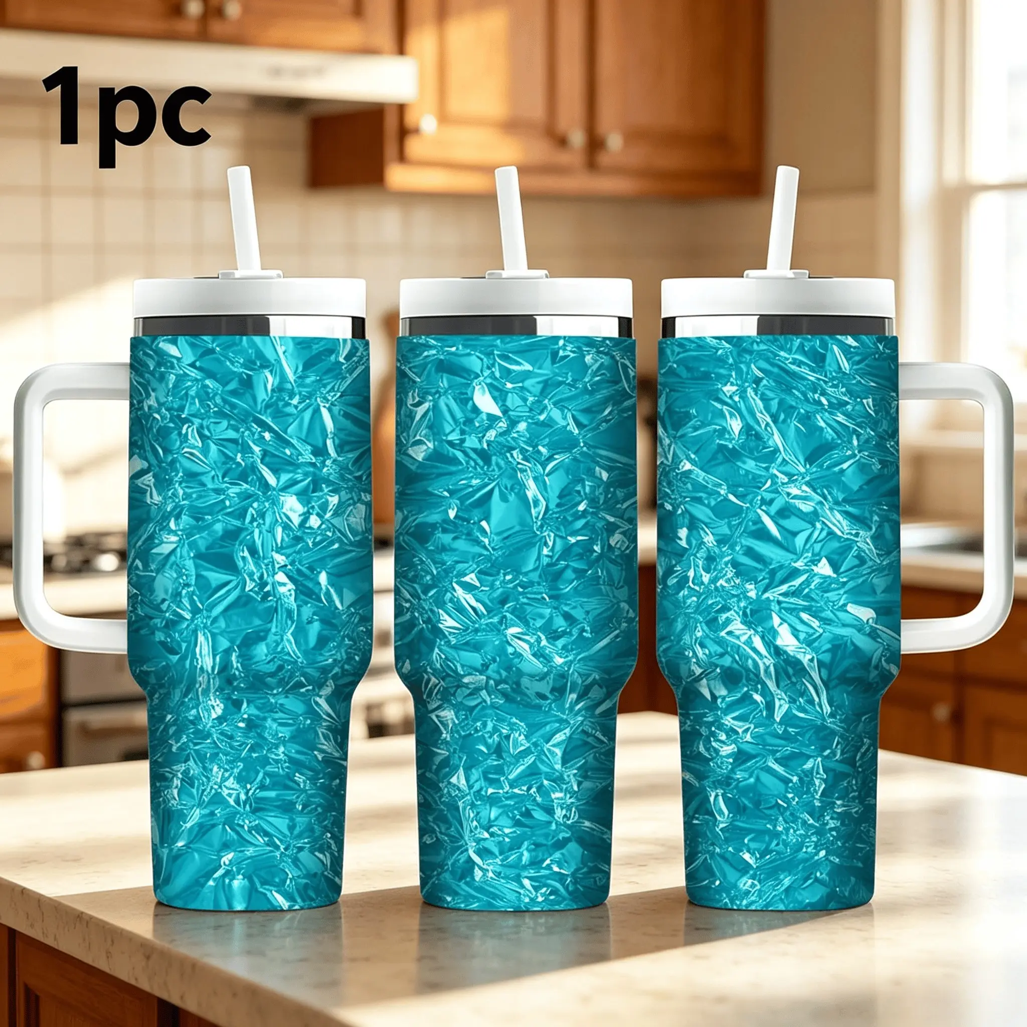 1pc 40oz stainless steel insulated cup - simple lake blue geometric water pattern / glossy pleated print - with handle and straw - large capacity water cup. Outdoor fitness vehicle cup, birthday/festival personalized gift