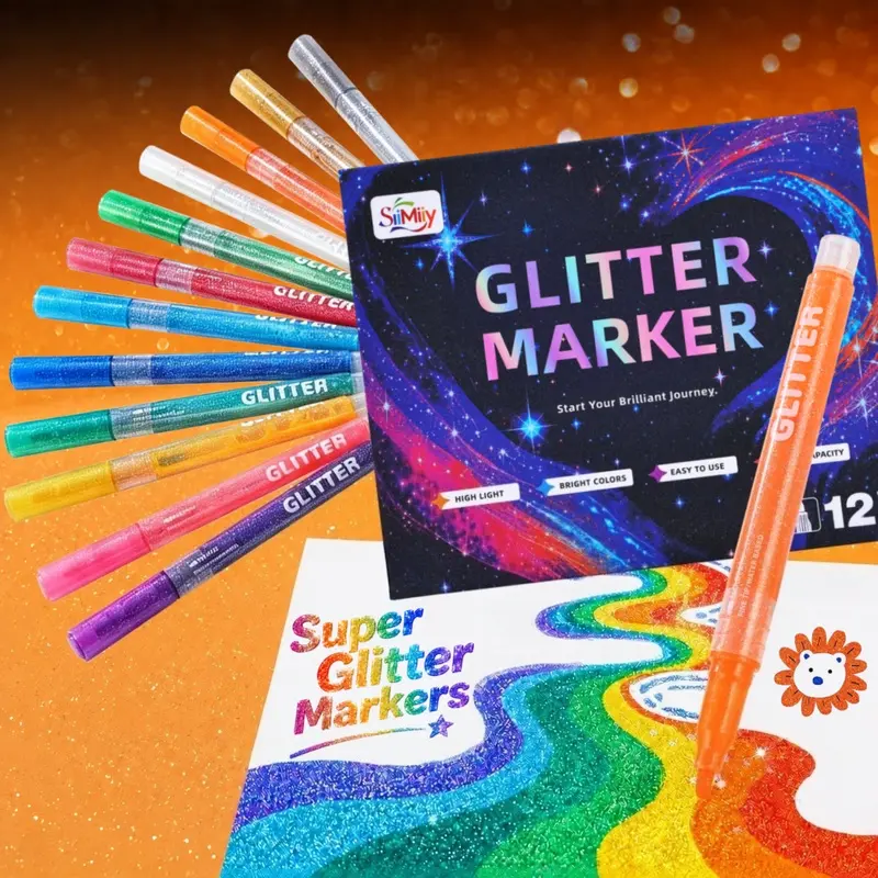 SiiMiiy 12 Colors Glitter Markers, Unique Shimmer Effect Sparkle Pens, Metallic Glitter Markers with Fine Tip Water-Based Ink for Drawing, Cards, Posters, Crafts and Creative Projects