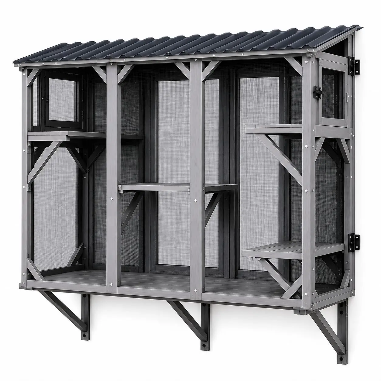 Spacious 70" Wooden Outdoor Catio Cat Enclosure – UV-Resistant Roof, Rust-Resistant Steel Mesh, 2 Lounging Boxes, 5 Platforms, Window Perch & Shelf, Ideal Cat Patio or Backyard House