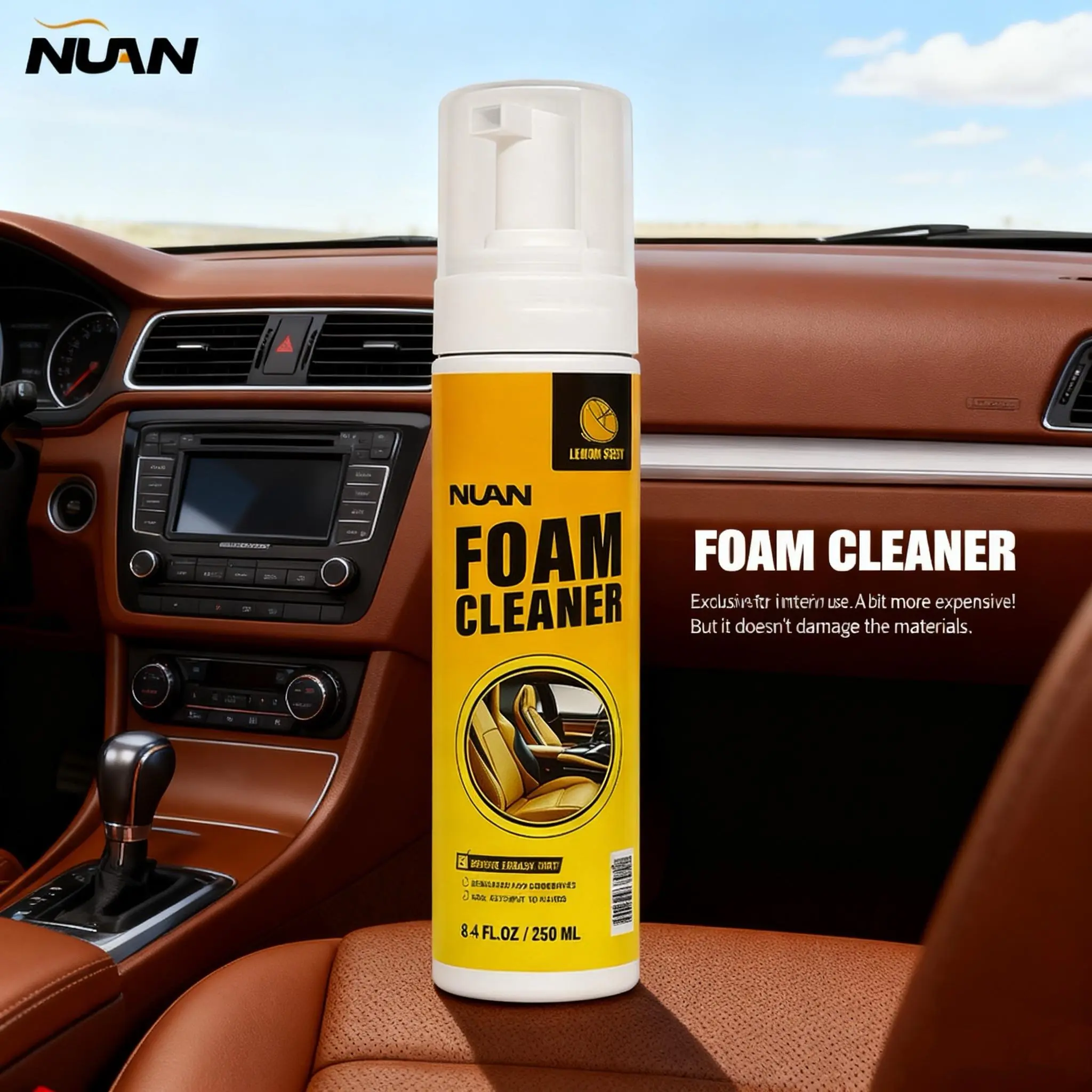 NUAN Foam Cleaner - Interior Detailing Product, Advanced Stain Remover All-Purpose Cleaner for Leather, Plastic, Headliners, Residue-Free Multi-Purpose Cleaning Spray, Interior Detailing Products, Advanced Stain Remover All-Purpose Cleaners