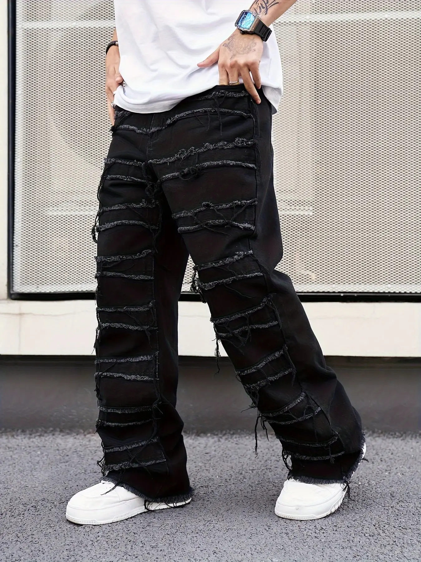 Men's Patchwork Frayed Edge Jeans, Straight Leg Style, Perfect for Casual Outings, Comfortable and Stylish Denim Jeans, Streetwear