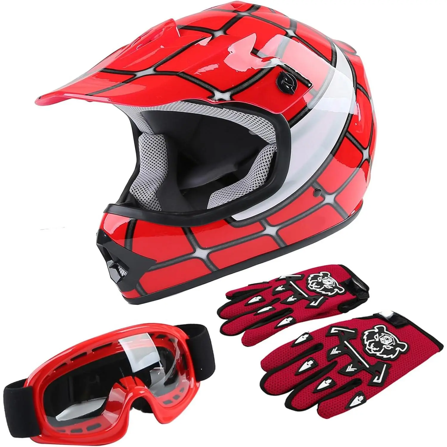 Youth Kids Dirt Bike Full Face Helmets Motocross ATV Offroad Four Wheeler Helmet Red Spider Large Size
