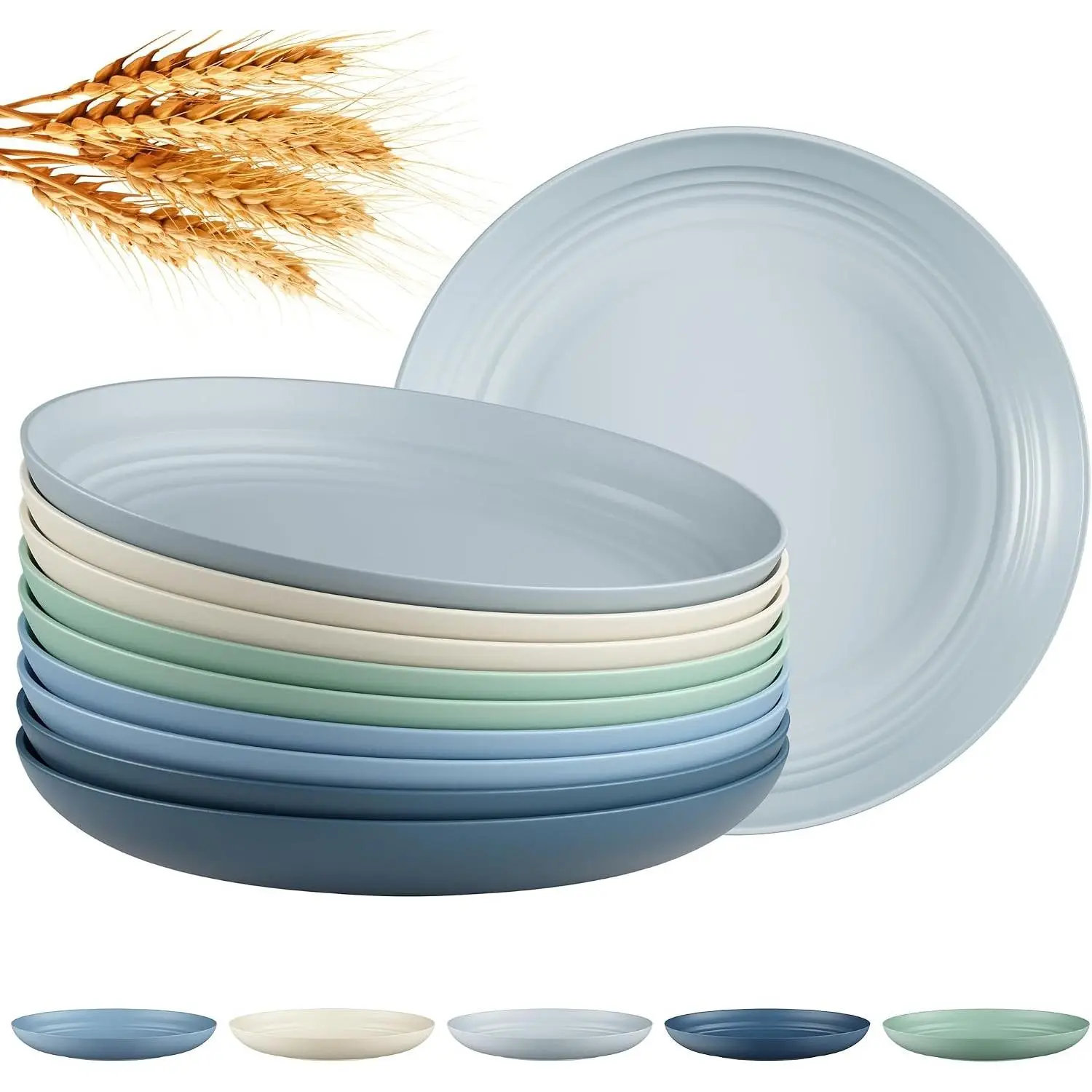10 PCS Unbreakable Reusable Plastic Plates,8 inch Dishwasher & Microwave Safe Dinner Plate, Easy-to-Clean Lightweight,Portable for Kitchen & Picnics Wheat Straw Plates（Blue）