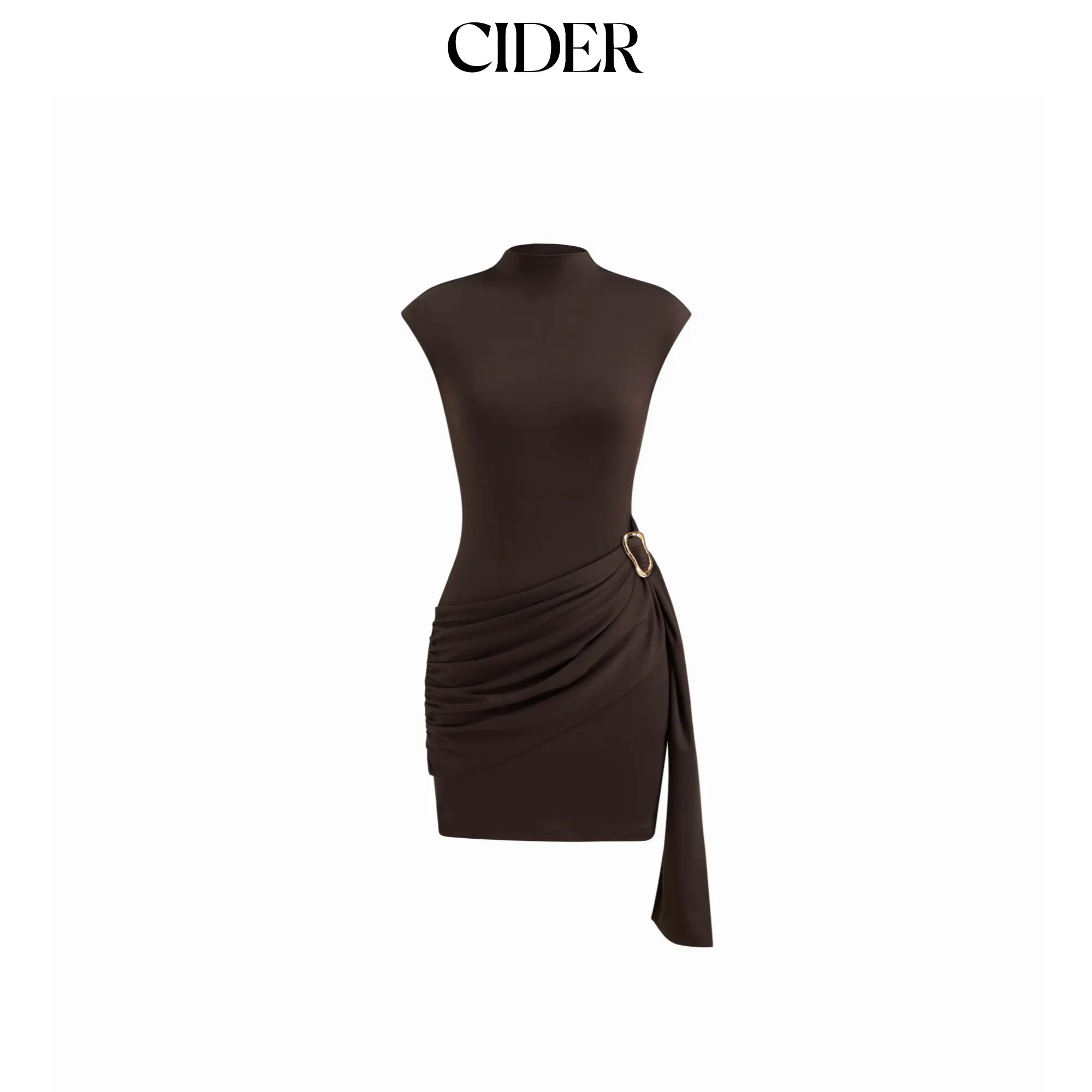 Cider High Neck Metal Detail Ruched Mini Dress