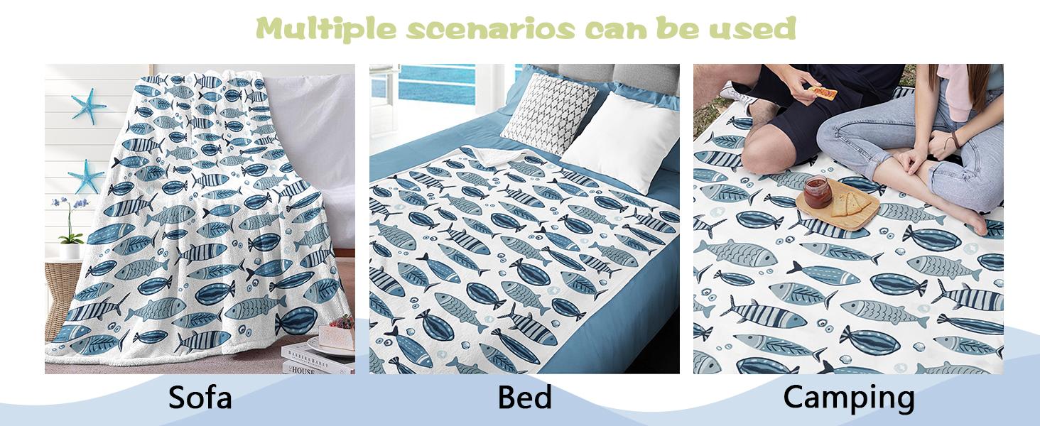 Coastal Blue Fish Theme Flannel Throw Blanket, Sea Ocean Birthday Gifts for Adults Kids Men Women, Beach Nautical Soft Blankets for Bedding Sofa 50" x 60"