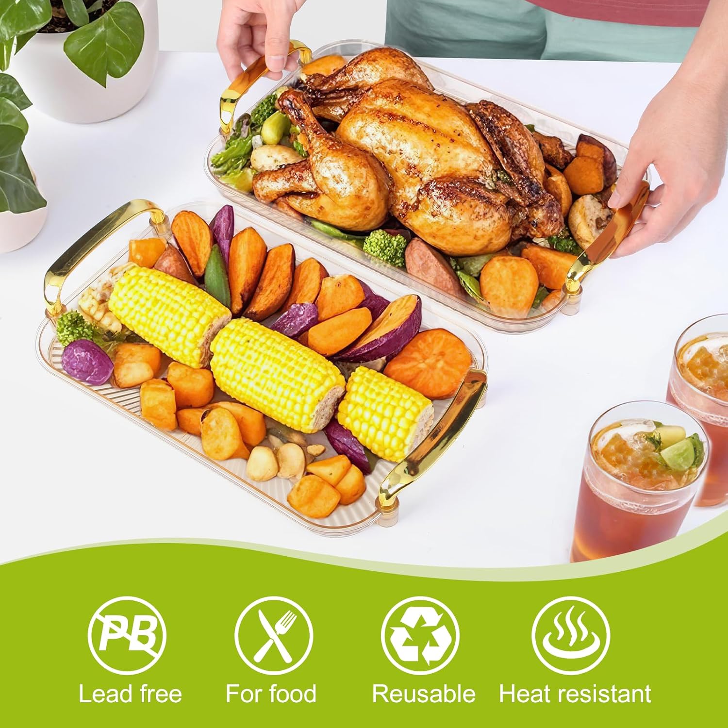 3 Pack Serving Tray with Handles, Stackable  Trays for Serving , Plastic Serving Platters for Party, Charcuterie, Fruit, Appetizer,