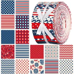 Ganeen 100 Pcs Vintage Patriotic Quilting Fabric Roll 4th of July Fabric Strips Jelly 2.56 Inch Red White Blue Precut Strips USA American Patchwork Materials for Labor Veteran Sewing Craft DIY Cloths
