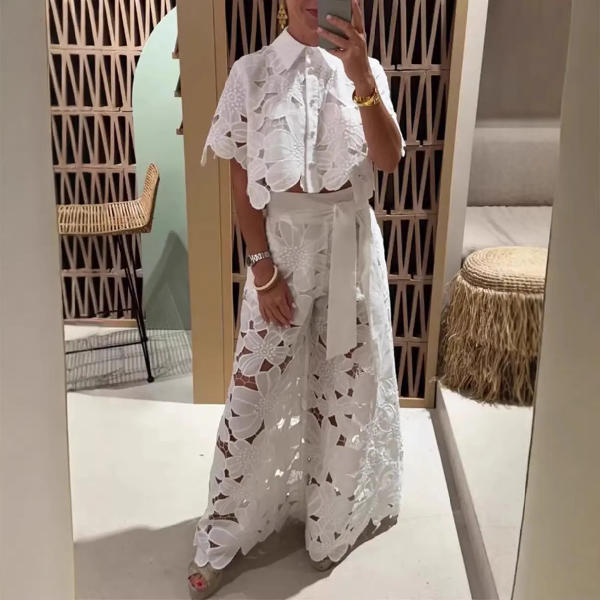 European and American solid color sexy hollow cardigan top wide leg pants two-piece set for women