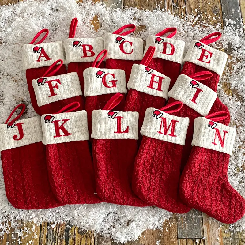 Knit Monogram Christmas Stockings，Christmas Stockings Small Xmas English Letters Hanging Stockings Christmas Socks Double Sided Fireplace Hanging Stockings for Christmas Party Decoration New Year Party Gift Favors Supplies，Personalized Initial Christmas S