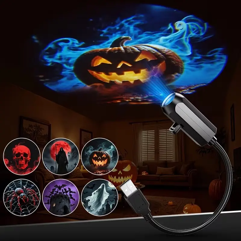 Funny LED Projector Light, 6 Interchangeable Patterns, USB LED Projector, 360° Rotatable, Bedroom Ceiling, Photo Background, Halloween Decor