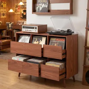 Littleox 44.1 Large Vintage Mid Century Turntable Stand Spacious Storage Vinyl Record Holder Record Player Table For Bedroom Living Room Walnut