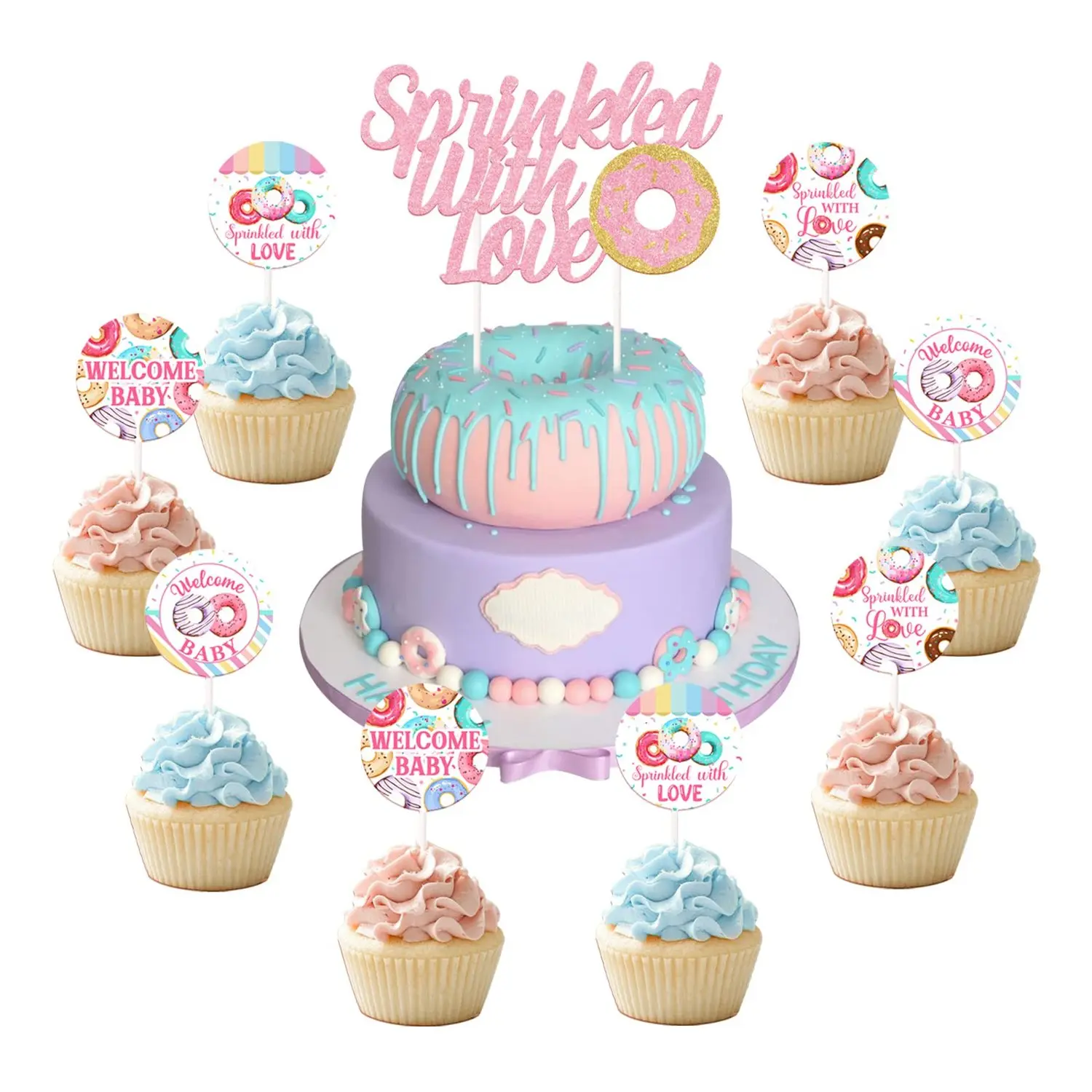 1Set Sprinkled with Love Baby Shower Decorations Donut Baby Shower Cake Cupcake Toppers 25PCS Sprinkled With Love Cake Decor Donut Table Decor for Gender Reveal Pregnancy Announcement Birthday