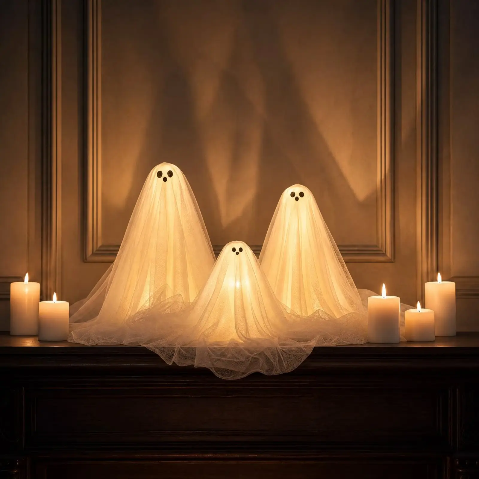 Halloween Glowing Spooky Ghost Desktop Decor Set, Warm LED Light Haunting Bride Ghost Statue, Cute Fabric Ghost Ornament for Fireplace, Table, Indoor Party Home Decoration