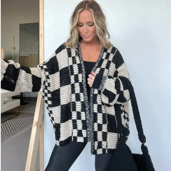 Women'sFallCasualLongSleeveOpenFrontChunkyKnitCheckeredCardiganSweaterforOutdoorWear