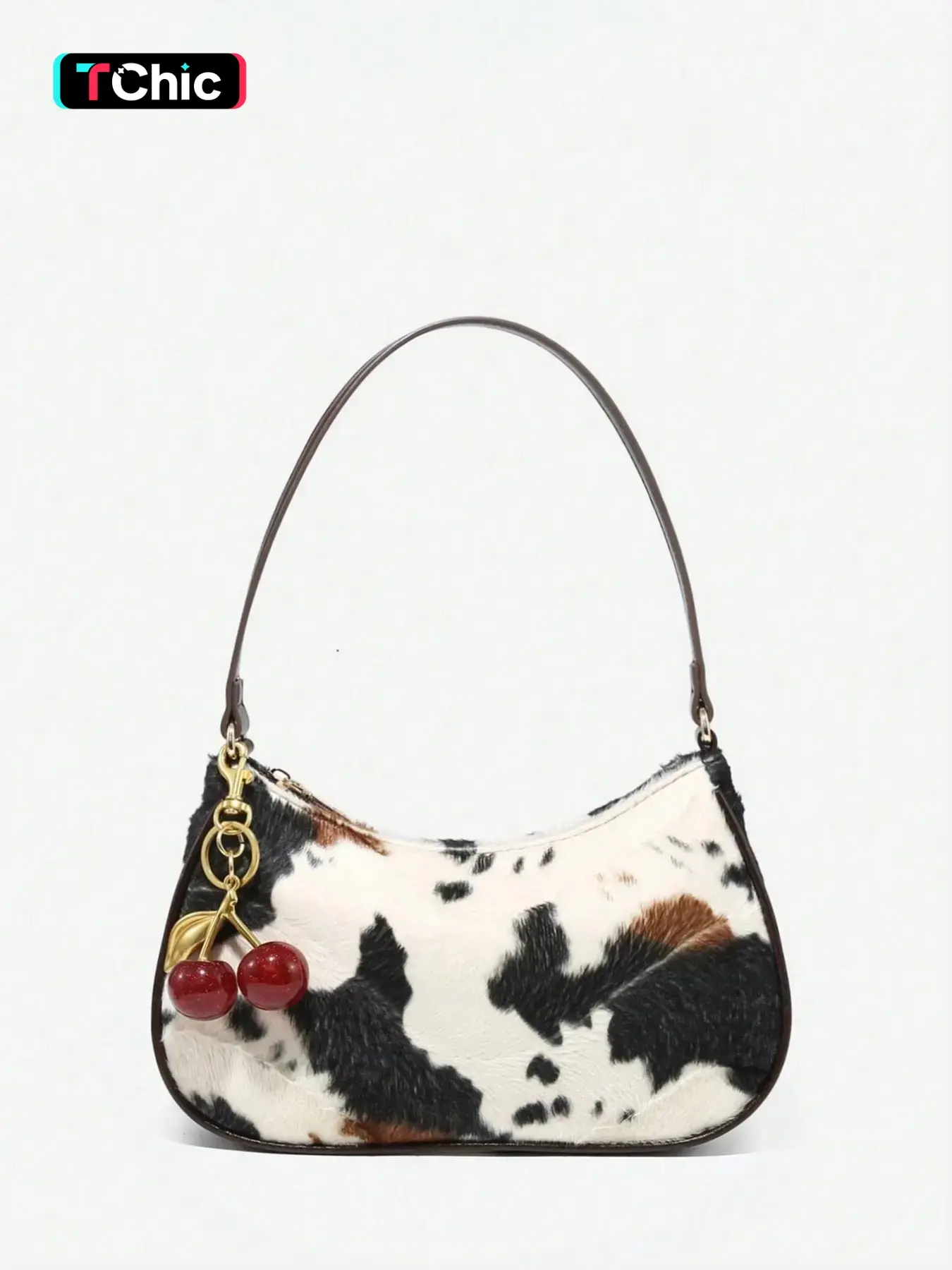 American Retro Cow Print Plush Crossbody Bag, Dual Straps, Versatile Street Style, Casual PU Material, Perfect for Commute and Fashion