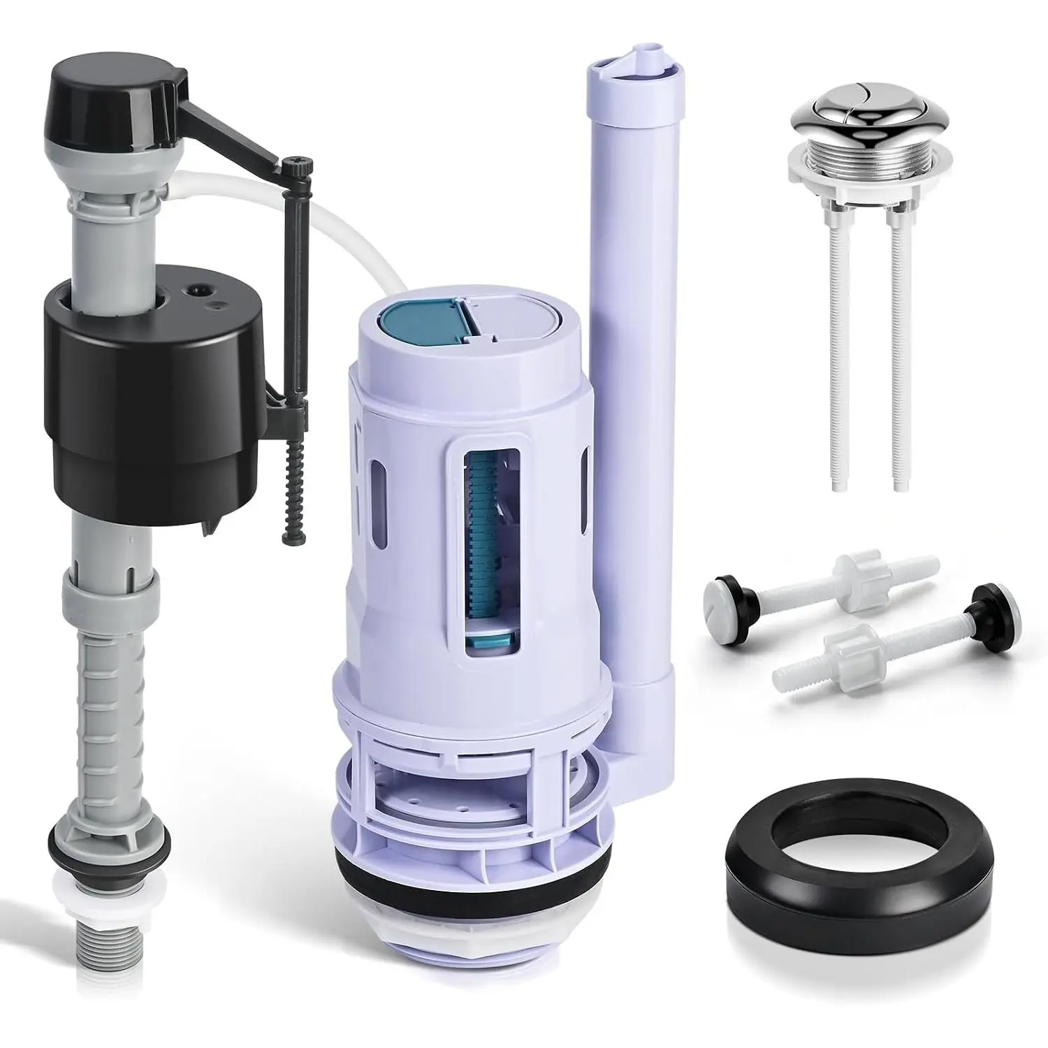 Eco-Friendly ABS Plastic 3-In Universal Dual Flush Valve Replacement Kit for 2-Piece Toilets, Push Button Toilet Repair Kit with Fill Valve, Gasket, Bolts, Compatible with Glacier Bay, Kohler, American Standard, Toto