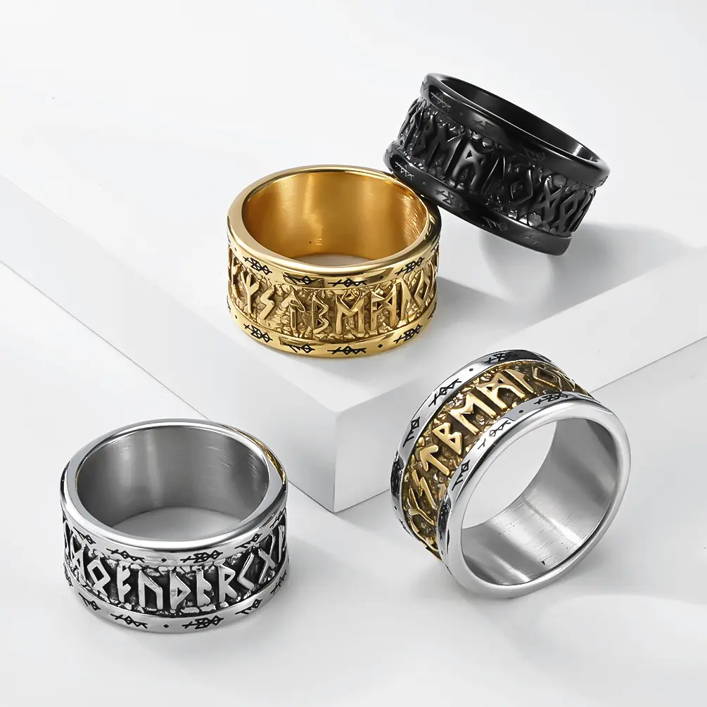 Viking Rune Wide Band Ring, 4 Tone Stainless Steel Nordic Norse Amulet Statement Ring for Men | A Perfect Gift Choice | Waterproof & Corrosion-Resistant Material