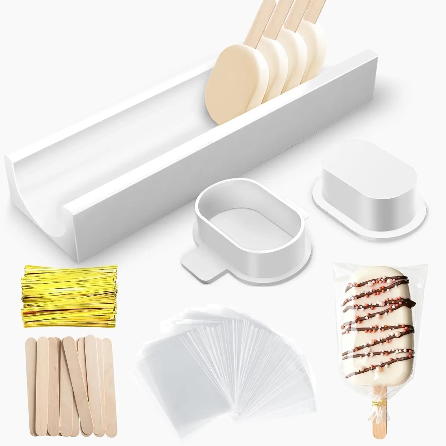 3 Inch Cakesicle Cutter and Cake Pop Mold Set with 8.7in Tray, 100 Wooden Sticks & 100 Bags, Silicone Cakesicle Mold for Homemade Cake Pops, Baking Tools, Birthdays and Party Desserts, Cake Pop Tool