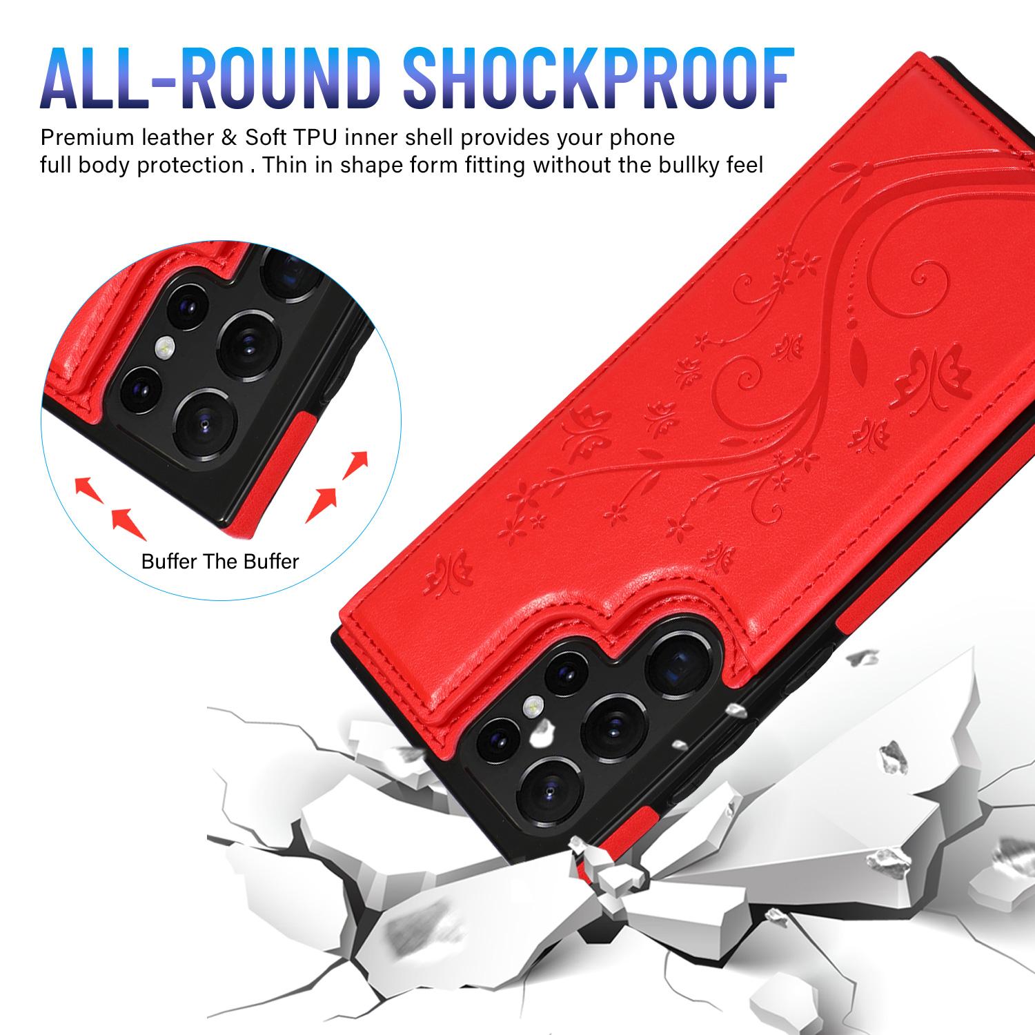 HISTORYOO For Samsung S25 Ultra S24 Plus S23 FE S22 Case Soft PU Leather Retro Embossed Butterfly Flower Shockproof Wallet Double Magnetic Clasp Protective Flip Fold Stand with 3 Card Slots Pocket Women Soft Folio Cover For Mom