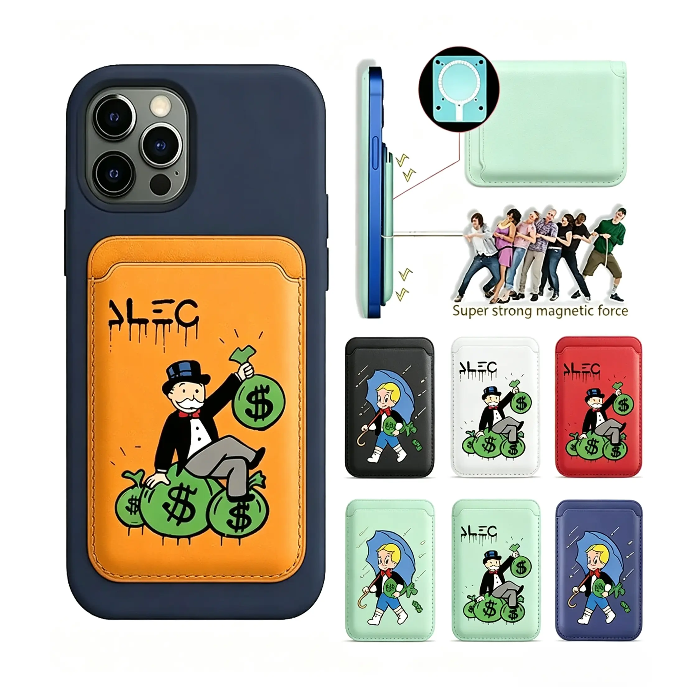 Magnetic PU Leather MagSafe Wallet Casing for iPhone 11-17, Upgraded Luxury Monopoly Dollar Card Holder-Protective Handheld Smartphone Accessory,Premium Cellphone Protection Accessories,Multi Color Cartoon Money Print Magnetic Phone Card Wallet