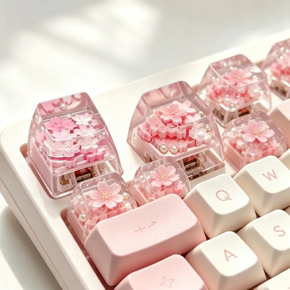Pink Sakura 3D Flower Artisan Keycap, Transparent Resin Replacement Keycap, Bag Accessory Organizer for Most Mechanical Keyboard Users