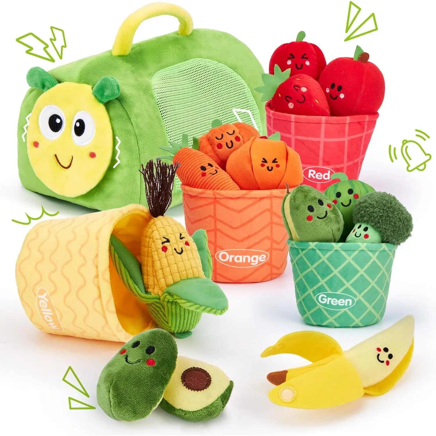 Plush Play Food Set for 1-12 Month Unisex Babies - 17 PCS Color Sorting Fruit Veggies, Prop 65 Safe Sensory Early Education Toy with Caterpillar Storage Bag, Easter Basket Stuffer (Plush Softness), Unisex Baby Toy