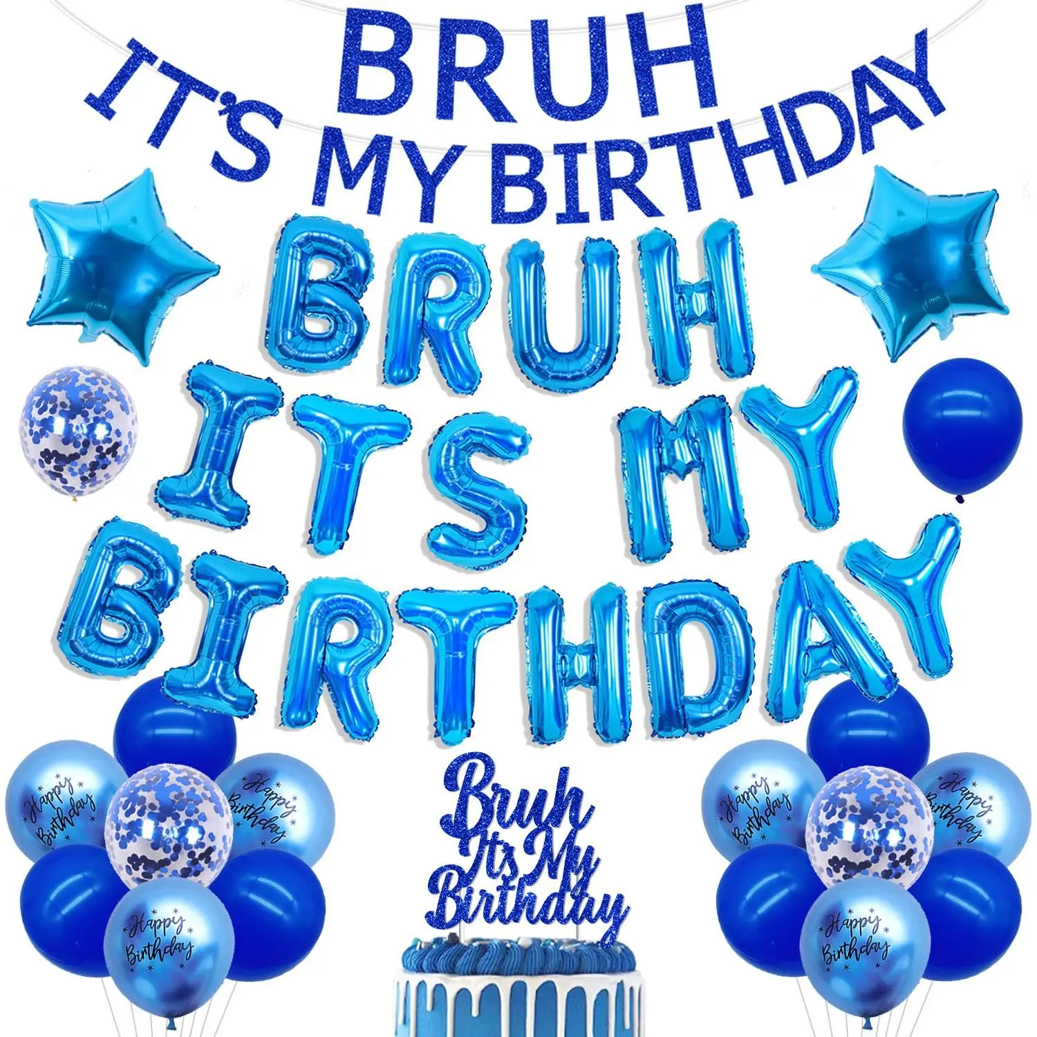 Bruh It’s My Birthday Teen Boys Festive Party Supplies Kit (1Set) - Blue Glitter Banner, Cake Topper, Star Foil Balloons, Cloth Backdrop for 12th,13th,14th Bdays