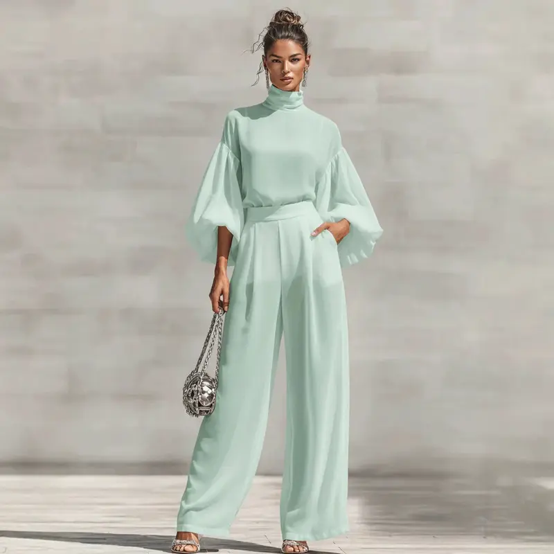Women's Fashionable Chiffon 2-Piece Suit - Solid Color Stand Collar, Puff Long Sleeves, High Waist Draped Wide Leg Pants, Cropped Sleeves