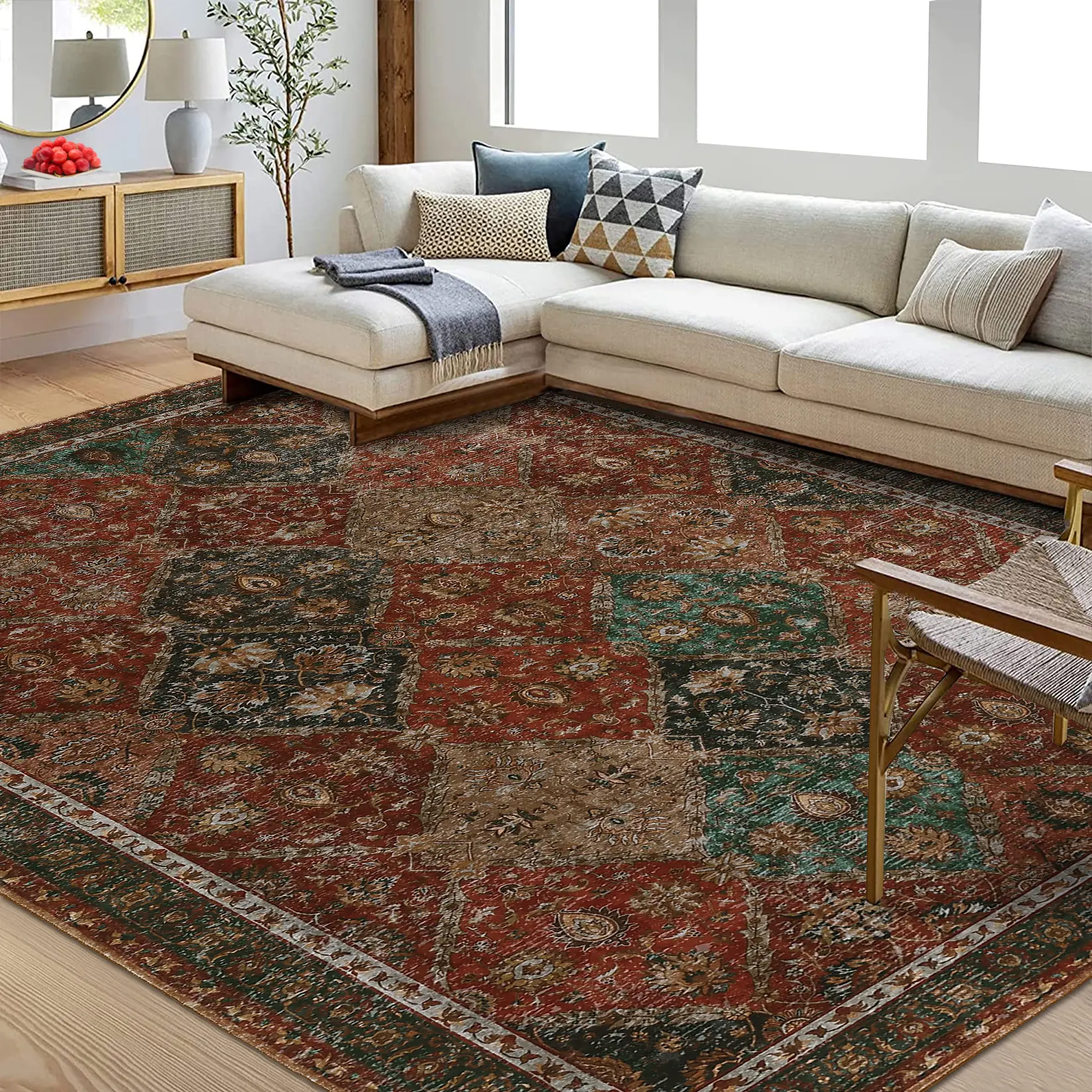 Washable Distressed Patchwork Floral Area Rug, Vintage Oriental Living Room Bedroom Rugs, Stain Resistant Non Shed Indoor Floor Mat, Easy Clean Antique Boho Rug for Dining Room Farmhouse Decor