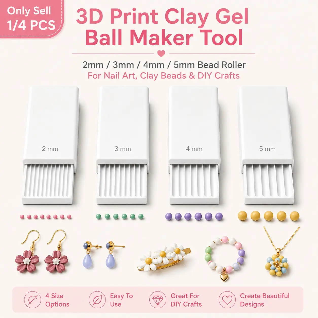 1/4 PCS 3D Print Clay Gel Ball Maker Tool, 2mm/3mm/4mm/5mm Bead Roller for Creating Round Clay Beads, Nail Art Gel Flowers, Polymer Clay Jewelry, Resin Crafts, Earrings, DIY Accessories, Handmade Art Projects and Craft Making