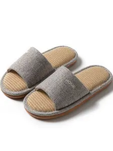 Unisex Linen Open-Toe Sandals, Home Letter Embroidery, Breathable Hemp Insole, Non-Slip Soft Sole, All-Season Indoor Slippers