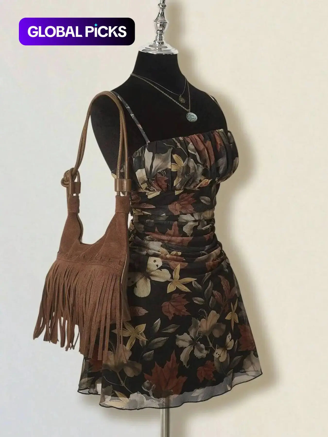 Women's Vintage Maple Leaf Print Floral Ruched Mini Dress Sleeveless, Retro Style Bohemian Dress, Perfect for Spring and Fall, Casual Stylish and Comfortable Dress, Boho Casual Fashion Dress #GLOBAL PICKS