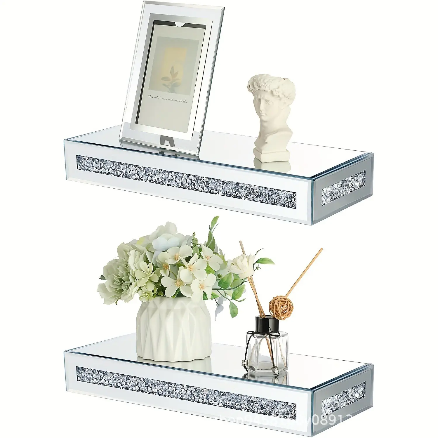 Mirrored Floating Shelves with Bling Accents, Set of 2 | Wall Mounted, 20 lbs Capacity Each, Mounting Hardware Included, Engineered Wood Frame, Multi-Room Use