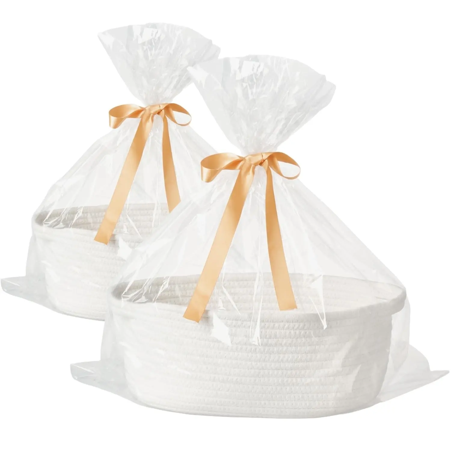 2-Pack Small Woven Gift Baskets Empty with Bags & Ribbons - Gifts for Dad, Baby Shower, Birthdays & Raffle - Cotton Rope Storage Basket for Dog Toys or Shelf - 12"x8"x5", White