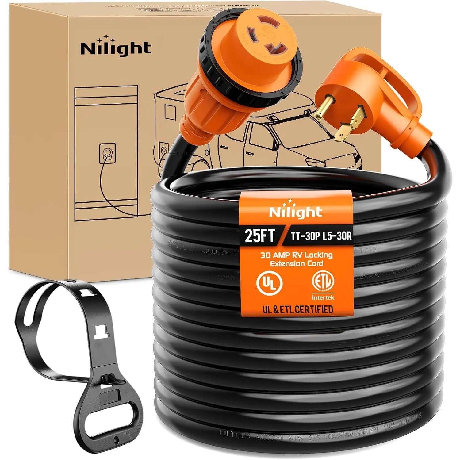 Nilight 30 Amp 25FT RV Locking Extension Cord 125V Heavy Duty 10 Gauge Pure Copper STW Wire ETL Listed 3 Prong TT-30P L5-30R 30F/30M Weatherproof Suit for Camper Trailer