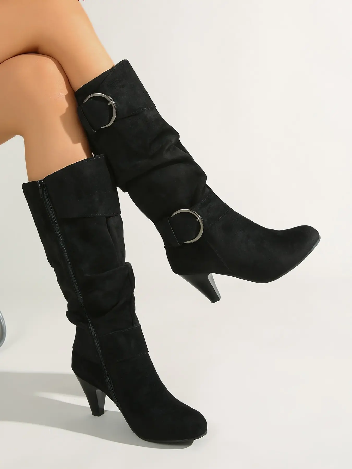 Western Style Women's Mid-Calf Boots, Faux Suede, Dual Metal Buckles, High Heel, Side Zipper, Slimming, Vintage, Classic Cowboy Boot, Fall & Winter, Cowboy Cowgirl Boots