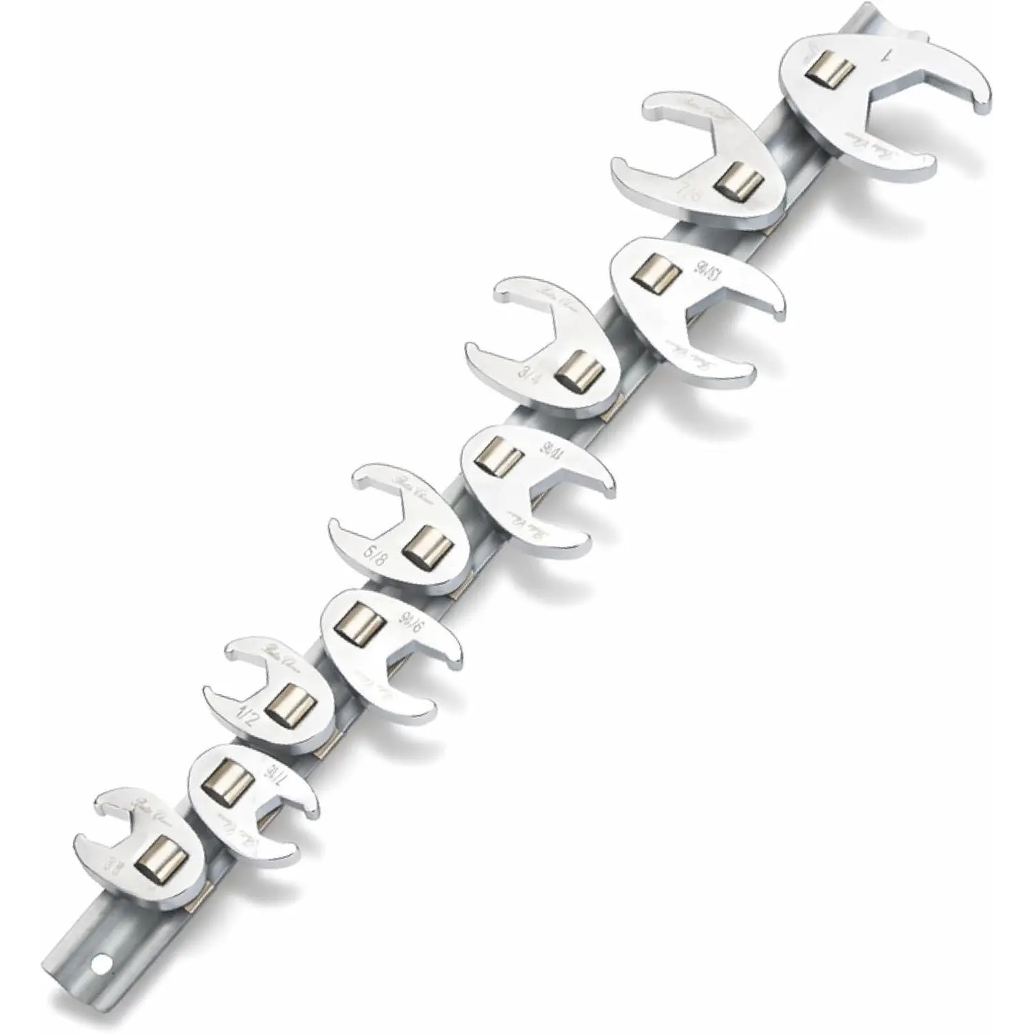 - 3/8" Drive Flare Nut Wrench Set, 10 count, 3/8”-1”, Chrome-Plated Steel, SAE Crowfoot Flare Nut Wrench Set With Clip- Storage Rail for Nut Removal, Automotive Repair, Hard-To- Areas