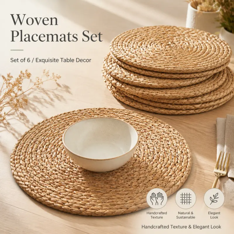 Set Of 6 Round Natural Hand Woven Water Hyacinth Placemats, Kitchen Decorative Placemat, Heat Resistant Non Slip Table Mats, Rustic Farmhouse Table Decor For Home Dining Wedding Holiday Banquet Table Protection