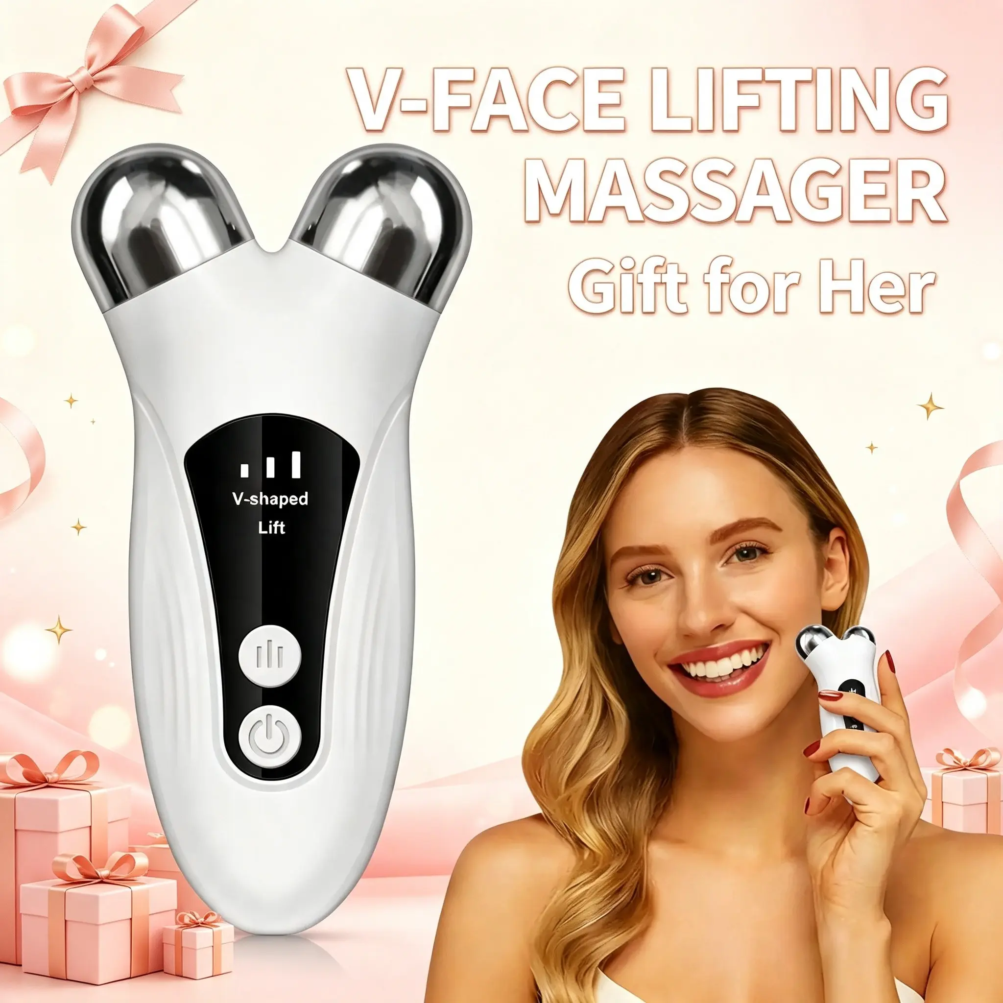 Microcurrent Facial Massager Device for Women, Rechargeable Electric V‑Face Double Roller Beauty Tool, Skin Lifting Firming Anti‑Aging Depuffing Face Massager for Home Daily Skincare Routine