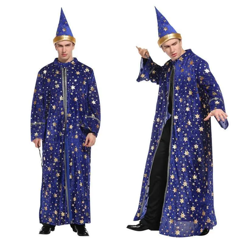 Men's Blue Star-Moon Magic Wizard Robe and Hat Costume, Menswear m-0132, Adult Halloween Cosplay Role-Playing Clothing Decor