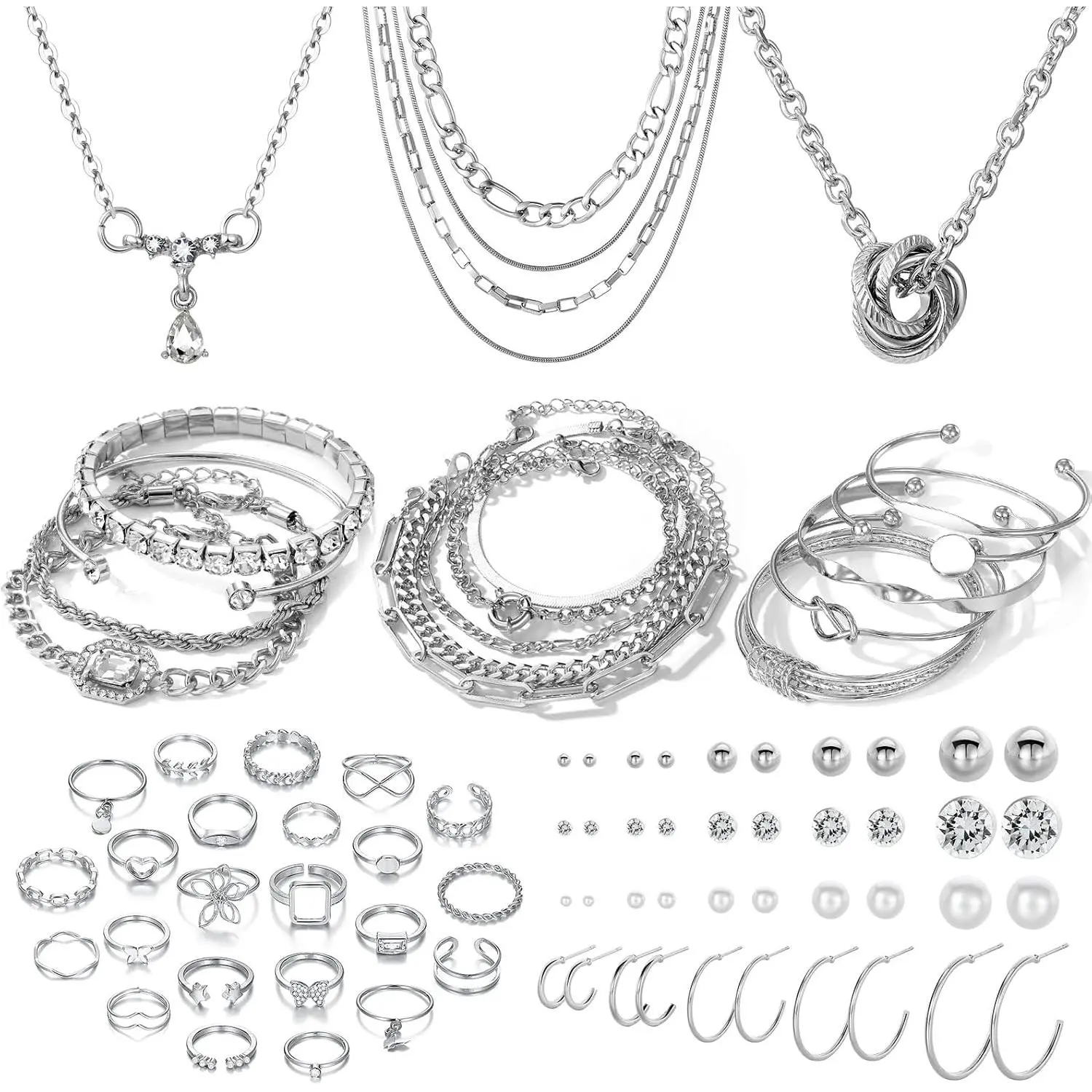 36 count  Plated  Set with 3 count Necklace, 12 count Bracelet, 7 count Ear Cuffs Earring, 14 count Knuckle Rings for Women Valentine Anniversary Birthday Friendship
