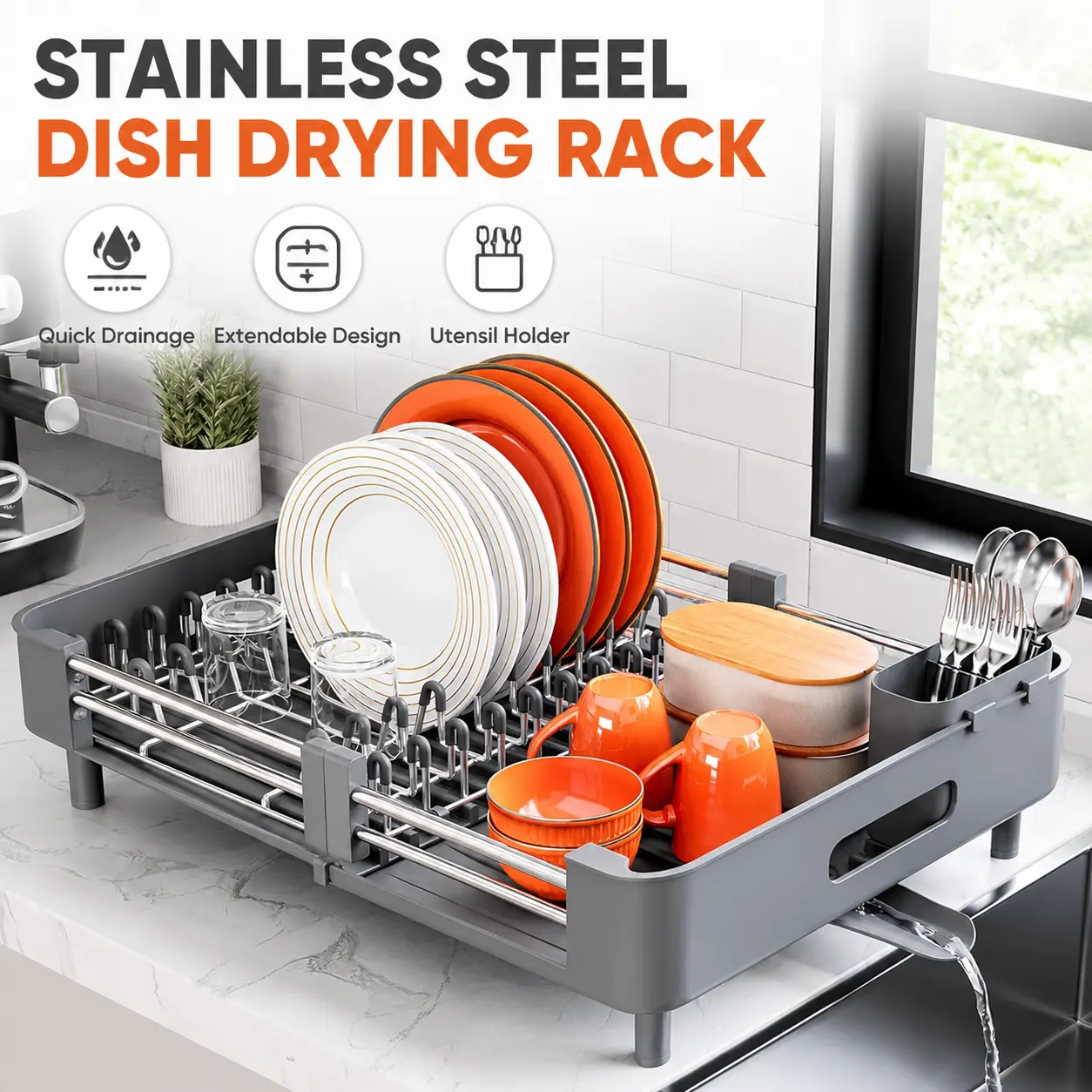 Gray Stainless Steel Dish Drying Rack with Extendable Foldable Drainboard, Cup & Bowl Organizer, Knife & Utensil Holder for Kitchen Counter Storage