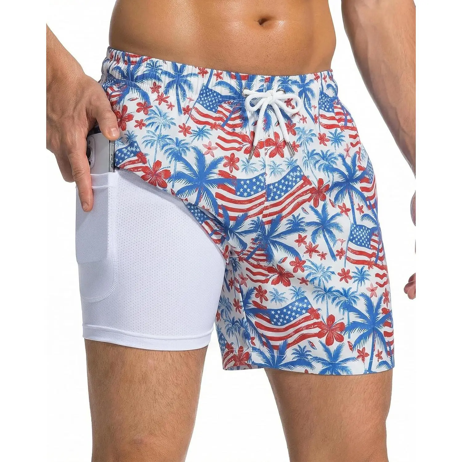 Men's 5-Inch 2-in-1 Swim Trunks with Compression Liner, UPF 50+ Quick Dry Polyester Shorts with Pockets for Water Sports, Beach Fun