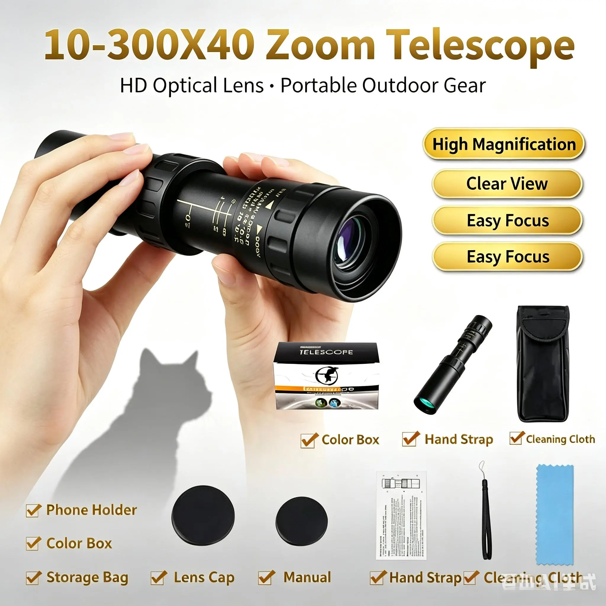 Telescopic Monocular, 10-300x40mm High Power Zoom, Compact and Retractable Handheld Scope for Hiking, Camping, Bird Watching