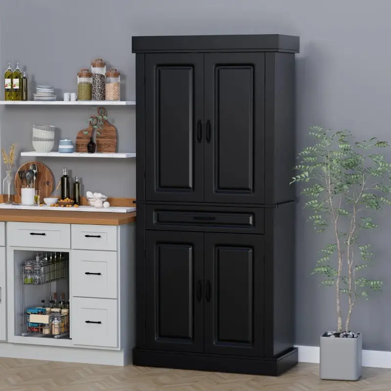 71'' Multi-Function Storage Cabinet - Black Modern 2-Door Kitchen Pantry with Drawer & Adjustable Shelves for Hallway